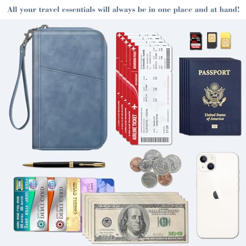 FINTIE Family Passport Holder Wallet Travel Document Organizer Clutch Bag | RFID Blocking Credit Cards Case Cover for Women Men - color: Haze Blue