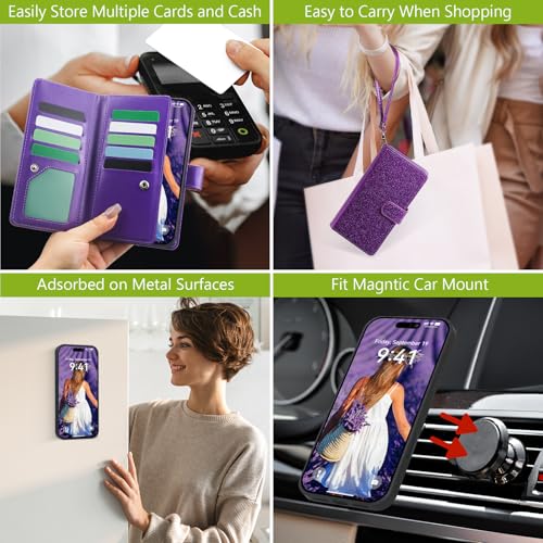 Varikke for iPhone 17 Glitter Case Wallet Magnetic Detachable, Deep Purple - color: (Standard) Dark Purple, size: iPhone 17 6.3"