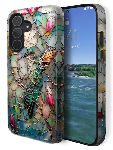 Compatible for Samsung Galaxy S25 5G Case,Double Layer Shockproof Protection Heavy Duty Phone Cover,Stained Glass Flower Hummingbird - color: Stained Glass Flower Hummingbird, size: S25