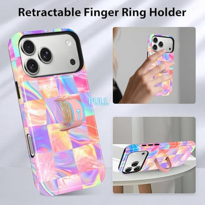 KANGHAR Compatible with iPhone 17 Pro Case Checkered -Iridescent | Silicone Cute Pattern, Finger Hold Wristband Kickstand Camera Protection Soft Slim Phone Case for Girls Women - color: (Checkered)Iridescent Gradient, size: iPhone 17 Pro