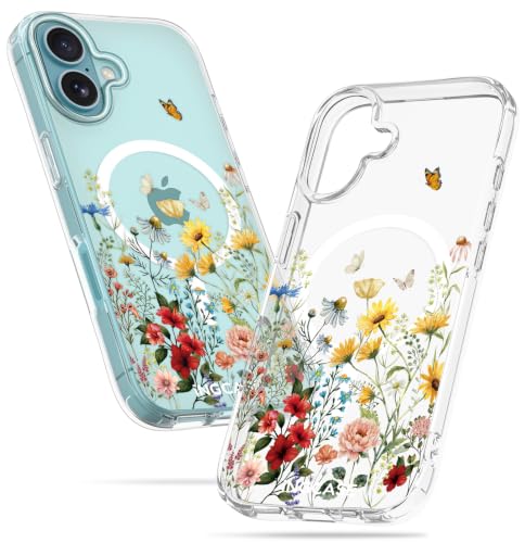 Cute Magnetic Case for iPhone 16 - Clear Slim Phone Cases Compatible with MagSafe Retro Flower Pattern Unique Design for Women Girls Girly Soft TPU Protective Cover for Apple 16 - color: Retro Flower, size: for iPhone 16