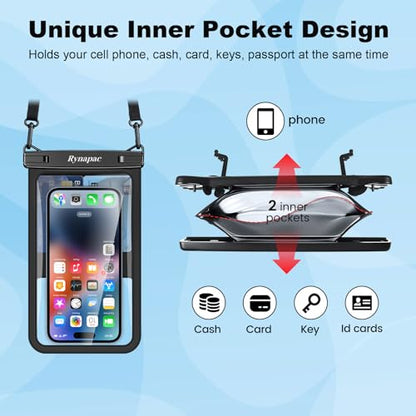 Rynapac Large Waterproof Phone Pouch [Up to 8.5"] - 2 Pack IPX8 Waterproof Phone Case for iPhone 17 16 15 Pro Max Galaxy S26 Ultra, Touchscreen & Underwater Photography, Beach Cruise Essentials 2026 - color: [(Clear)Black+Black] Large Waterproof Phone Pou