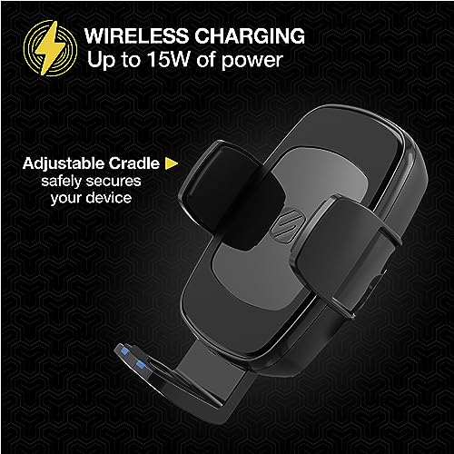Scosche UQ3WDV-SP Windshield/Dashboard/Vent Qi-Certified 15W Wireless Charging Universal Cell Phone Car Mount, Adjustable Hands-Free Cell Phone Holder with Stick Grip, Black - style: Windshield / Dash / Vent