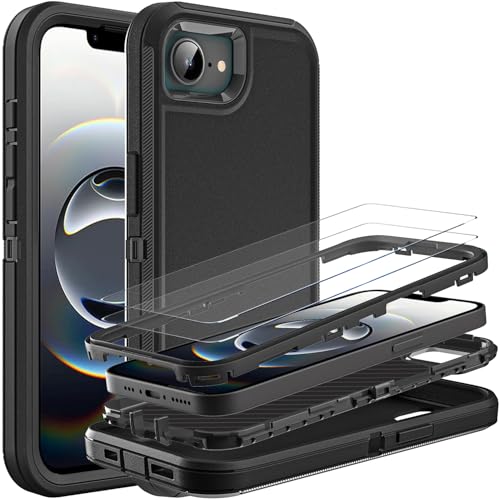 YKHJKLEC for iPhone 16e Case, Military Grade 3 in 1 Heavy Duty Shockproof/Drop Proof/Dust Proof Case with 2Pcs Tempered Glass Screen Protector (Black/Black) - color: Black/Black