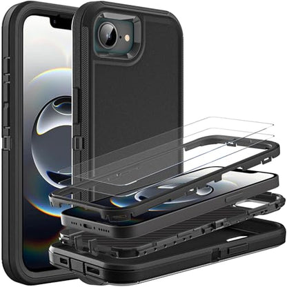 YKHJKLEC for iPhone 16e Case, Military Grade 3 in 1 Heavy Duty Shockproof/Drop Proof/Dust Proof Case with 2Pcs Tempered Glass Screen Protector (Black/Black) - color: Black/Black