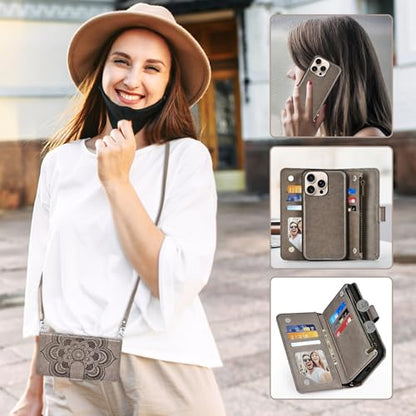 Asuwish Phone Case for iPhone 16 Pro 6.3 inch Zipper Wallet Magnetic Detachable Cell Cover with Tempered Glass Screen Protector Crossbody Strap Flower Card Holder i Phone16 i16 16Pro Women Girls Gray - color: Gray