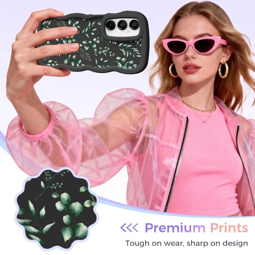 for Galaxy A15 Phone Case, Wavy Soft TPU, Black-Eucalyptus | Wavy Frame Design, Soft Slim TPU, Full Camera Lens Protection, Shockproof Phone Cover - color: Black-Eucalyptus, size: Samsung A15
