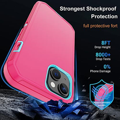 for iPhone 14 Case with 2 Screen Protector, Heavy Duty Shockproof Dropproof Dust Proof Full Body Rugged 3 Layer Military Tough Durable Protective Cover for Apple iPhone 14 6.1" (Pink/Blue) - color: Pink/Blue