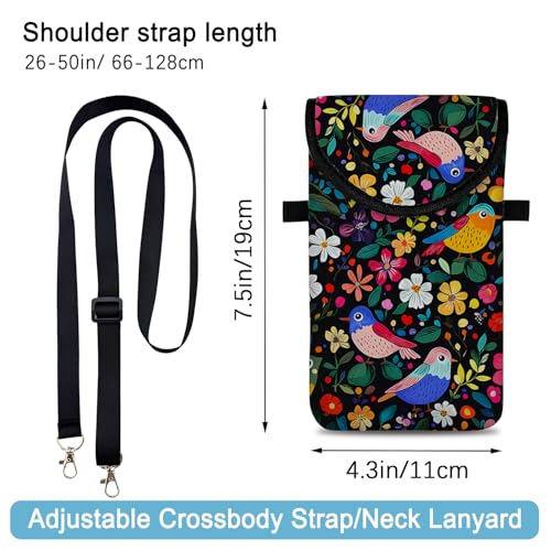 Neoprene Cell Phone Sleeve Pouch Case Bag with Crossbody Strap Neck Lanyard for Women 7.5 X 4.3 in Flower Bird - color: Flower Bird 1