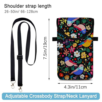 Neoprene Cell Phone Sleeve Pouch Case Bag with Crossbody Strap Neck Lanyard for Women 7.5 X 4.3 in Flower Bird - color: Flower Bird 1