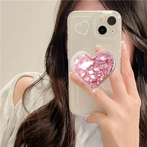 Cute Heart-Shaped Expanding Phone Grip - Pink Quicksand Glitter Collapsible Phone Mount Holder Stand for Girls Women, Lovely Phone Charm and Accessories，Finger Snap Grip Holder for Kindle, iPhone