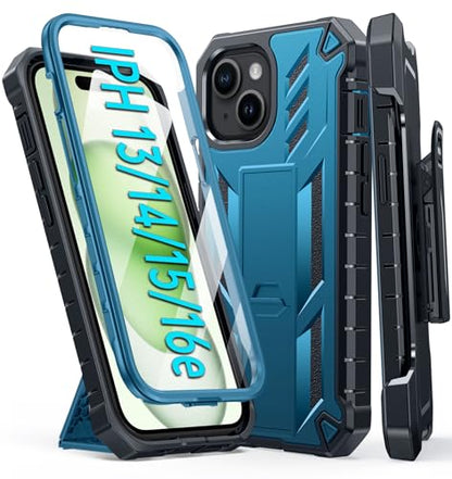 FNTCASE for iPhone 15 Case with Belt Clip and Built-in Screen Protector | Rugged Kickstand, 20FT Military-Grade Drop Protection, Full Body Heavy Duty Shockproof Holster, Hard Protective Cover - color: Blue
