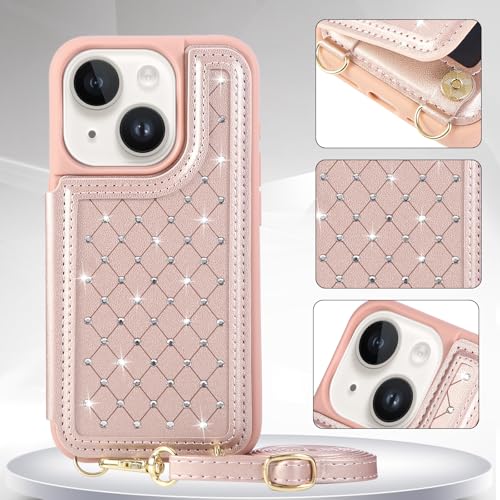 for iPhone 11 Wallet Case with Card Holder Slots and Strap, RFID Blocking Magnetic Flip Folio Cover, Crossbody Purse Protection Case with Kickstand,Rose Gold Diamond - color: Rose Gold Diamond, size: iPhone 11(6.1")