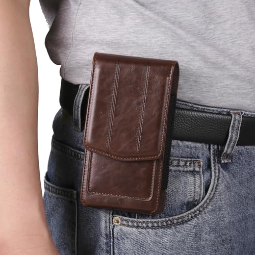 Cell phone Waist Bag with Belt Clip Leather, Vertical Cell Phone Belt Pouch for Men's, Smartphone Waist Holder Wallet Hiking Travel Carrying Case Belt Holster Pack with Card Slot Carabiner Hook - color: Coffee, size: 6.1 INCH