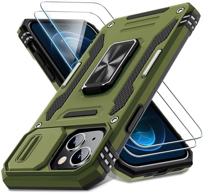 DEERLAMN Case for iPhone 15 with Slide Camera Cover + Screen Protector (2 Packs), Rotated Ring Kickstand Military Grade Shockproof Protective Cover-Olive Green - color: Olive Green