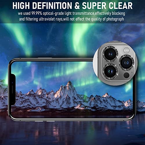 Suoman 3-Pack for iPhone 13 Pro 6.1 inch / 13 Pro Max 6.7 inch Camera Lens Protector, 9H Hardness Tempered Glass Film, [Glitter diamonds] Individual Metal Protective Cover- Black - color: Black