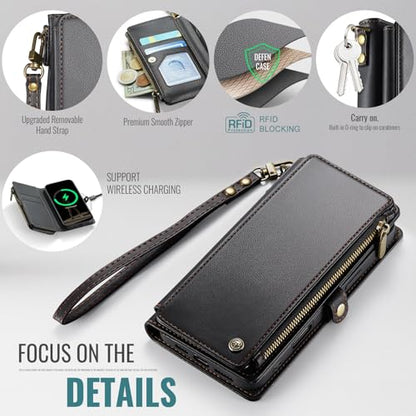 Defencase for iPhone 13 Pro Wallet Case with RFID Card Holder, Black | Durable Soft PU Leather, with Zipper Pocket, Wrist Strap, Fashion Snap Flip Phone Cases Cover with Stand for Women and Men - color: Black