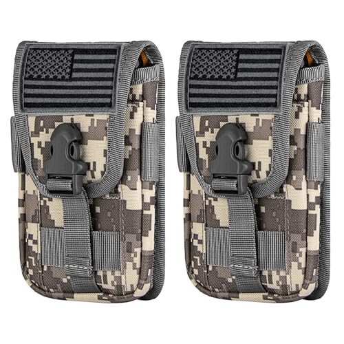 2 Pack Tactical Phone Holster Pouch, Smartphone Pouch Case Molle Attachment Belt Holder for 4.7"-6.9" Phone with US Flag Patch for iPhone 18 Pro Max/17/16/15/14 Pro Max - color: Gray Camo
