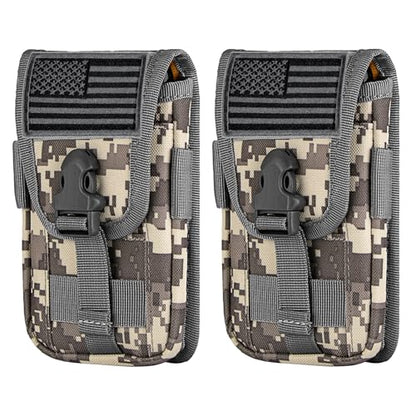 2 Pack Tactical Phone Holster Pouch, Smartphone Pouch Case Molle Attachment Belt Holder for 4.7"-6.9" Phone with US Flag Patch for iPhone 18 Pro Max/17/16/15/14 Pro Max - color: Gray Camo