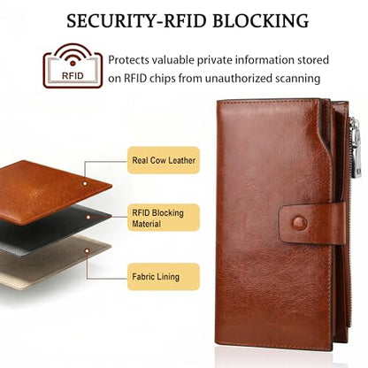 YALUXE Women's Real Leather Wallet RFID Protect 21 Card Slots Phone Pocket - color: 8- Waxed DarkBrown, size: Genuine Leather