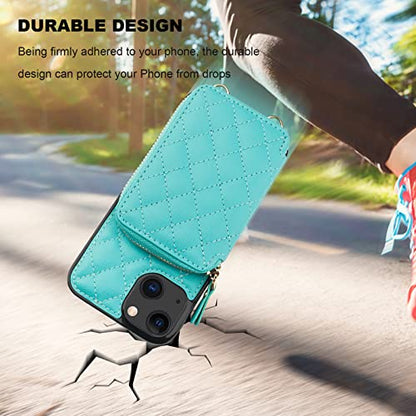 Bocasal Crossbody Wallet Case Card Holder for iPhone 13, Mint Green | RFID Blocking PU Leather Zipper Handbag Purse, Kickstand Flip Folio Case with Card Slots Holder Wrist Strap Lanyard 6.1 Inch - color: Green