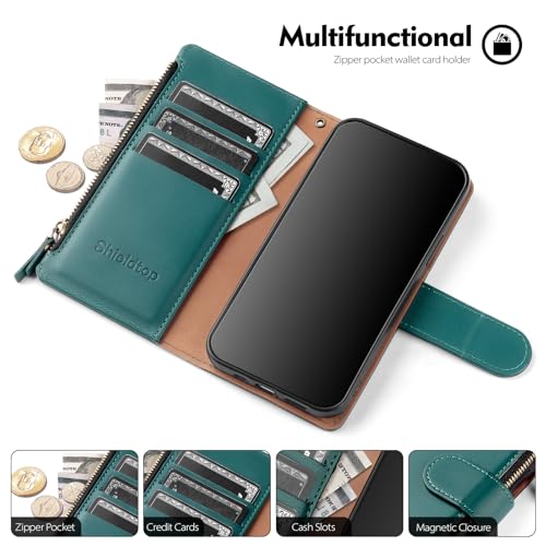 Shieldtop Compatible with Samsung Galaxy A37 5G Wallet Case with Card Holder,PU Leather Phone Case Flip Protective Cover Wrist Strap Zipper Credit Card Slots RFID Blocking Women Men,Bluegreen - color: Blue Green