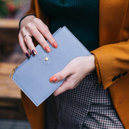 Travelambo RFID Wallet Women Large Size Bifold Multi Card Wallet Case with Zipper Pocke Credit Card Holder for Women - color: Gold Blue