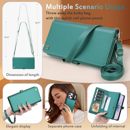 for Wallet Case Compatible with iPhone 17 Pro,Multi-Function Detachable 2 in 1 Magnetic iPhone 17 Pro Case Wallet,Flip Strap Zipper Card Holder Phone Case with Shoulder Straps (Green) - color: Green, size: iPhone 17 Pro