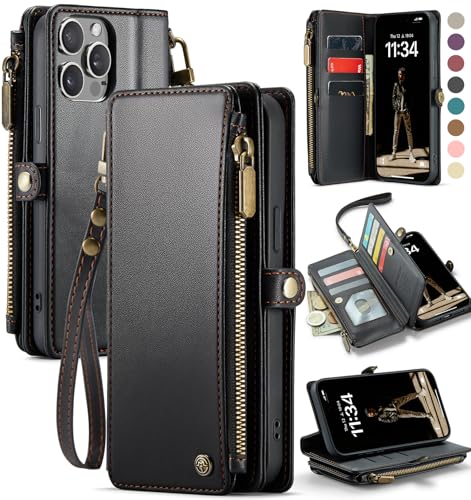 Defencase for iPhone 14 Pro Max Wallet Case with RFID Card Holder, Black | Durable Soft PU Leather, with Zipper Pocket, Wrist Strap, Fashion Snap Flip Phone Cases Cover with Stand for Women and Men - color: Black