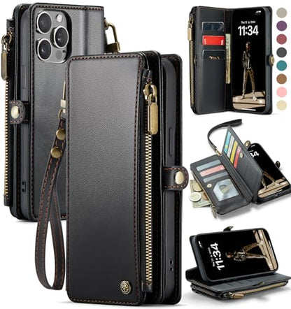 Defencase for iPhone 14 Pro Max Wallet Case with RFID Card Holder, Black | Durable Soft PU Leather, with Zipper Pocket, Wrist Strap, Fashion Snap Flip Phone Cases Cover with Stand for Women and Men - color: Black