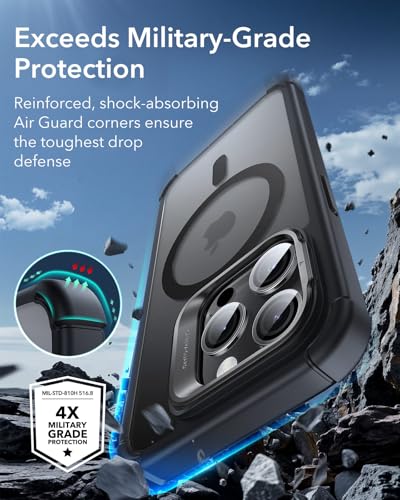 ESR for iPhone 15 Pro Case with Stand, Compatible with MagSafe, Full-Body Military-Grade Drop Proof Case with Built-in 9H+ Tempered Glass Screen Protector, Armor Series, Clear Black - color: Clear Black + Stand