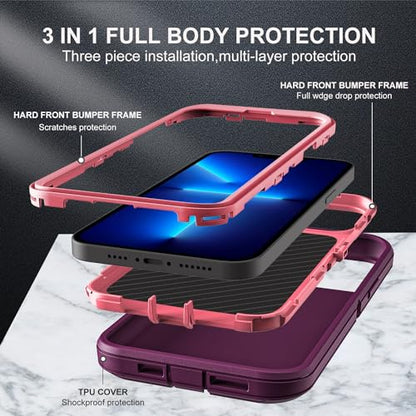 YKHJKLEC for iPhone 13 Pro Max Case, Military Grade 3 in 1 Heavy Duty Shockproof/Drop Proof/Dust Proof Case with 2Pcs Tempered Glass Screen Protector (Purple/Pink) - color: Purple/Pink
