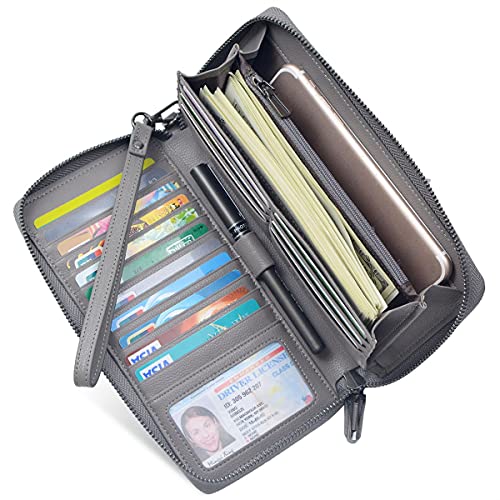 Bveyzi Women RFID Blocking Wallet Leather Zip Around Phone Clutch Large Capacity Ladies Travel Purse Wristlet - color: Grey