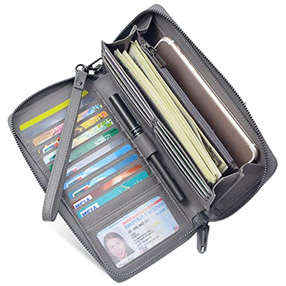 Bveyzi Women RFID Blocking Wallet Leather Zip Around Phone Clutch Large Capacity Ladies Travel Purse Wristlet - color: Grey