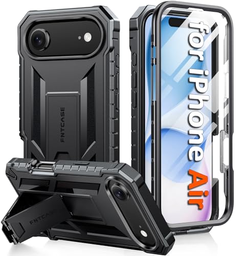 FNTCASE for iPhone Air Case with Built-in Screen Protector and Kickstand | 20FT Military-Grade Drop Protection, Anti-Slip Matte Textured, Rugged Heavy Duty Shockproof TPU Protective Phone Cover - color: Black, size: For Iphone Air (6.5 Inch)