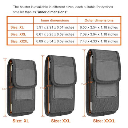 Vertical Nylon Cell Phone Holster Case with Belt Clip & Hook - XL - size: XL