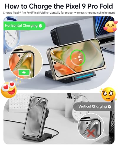 Foldable Wireless Charger for Google Pixel Watch 3/2, 3 in 1 Fast Charging Station Stand for Pixel 10 Pro XL/10 Pro/9/8/7 Pro/8a/8/7/6 Pro and Buds (Not for Pixel Watch 4/1) with QC Adapter
