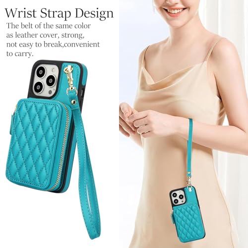 Phone Case for iPhone 14 Pro 6.1 inch Wallet Cell Cover with Tempered Glass Screen Protector Wrist Crossbody Strap RFID Blocking Card Holder iPhone14Pro 5G i i-Phone i14 iPhone14 4 14Pro Women Green - color: Green