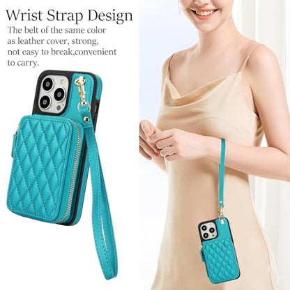 Phone Case for iPhone 14 Pro 6.1 inch Wallet Cell Cover with Tempered Glass Screen Protector Wrist Crossbody Strap RFID Blocking Card Holder iPhone14Pro 5G i i-Phone i14 iPhone14 4 14Pro Women Green - color: Green