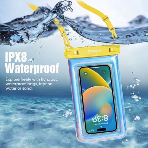 Rynapac Waterproof Phone Pouch Floating [Up to 8.5''], 2 Pack IPX8 Dry Bag | Touchscreen & Underwater Photography, Adjustable Lanyard, for iPhone 17 16 15 14 Pro Max, Gglaxy S25, Beach Cruise Essentials - color: Iridescent, size: Regular Size [8.5inch]
