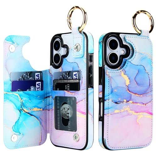 HAOPINSH Wallet Case for iPhone 17 with Card Holder, Pink Blue Marble Print Back Flip Folio PU Leather Kickstand Card Slots Case, Finger Grip Ring Double Magnetic Clasp Shockproof 6.3" - color: Pink Blue Marble Grip Ring