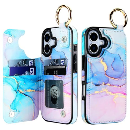 HAOPINSH Wallet Case for iPhone 17 with Card Holder, Pink Blue Marble Print Back Flip Folio PU Leather Kickstand Card Slots Case, Finger Grip Ring Double Magnetic Clasp Shockproof 6.3" - color: Pink Blue Marble Grip Ring