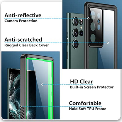 SPIDERCASE Designed for Samsung Galaxy S22 Ultra Case 6.8", Green/Clear | [IP68 Waterproof] [Built-in Screen Protector] Full Sealed Protection Heavy Duty Shockproof Case - color: Green