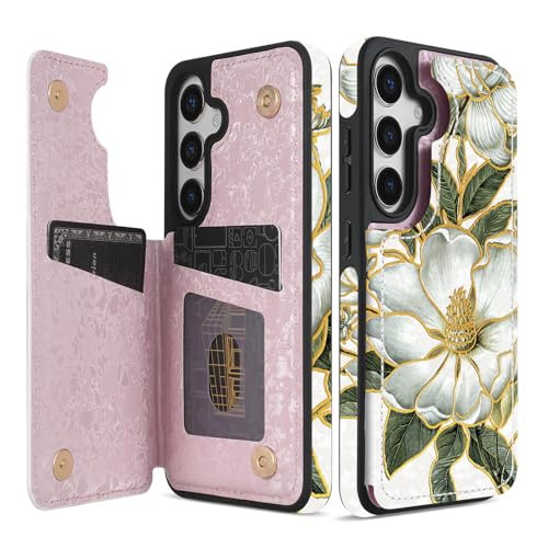 NNH Compatible with Samsung Galaxy S24 Wallet Case with RFID Blocking Card Slots Folio Flip PU Leather Kickstand Double Magnetic Clasp Design Cover for Galaxy S24(6.2 inch-Magnolia Flowers) - color: Magnolia Flowers, size: Galaxy S24 6.2 inch