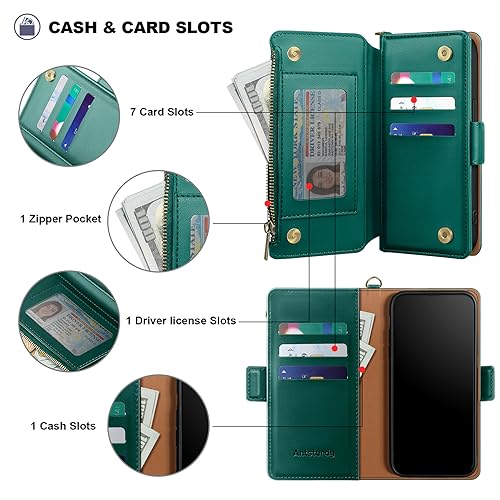 Antsturdy for iPhone 17 Pro Phone Wallet Case Women,Green | RFID Blocking,with Credit Card Holder Slots,PU Leather Purse,Zipper Pocket,Wrist Strap Kickstand,Flip Folio Cover for Men - color: Green