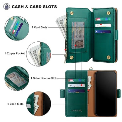Antsturdy for iPhone 17 Pro Phone Wallet Case Women,Green | RFID Blocking,with Credit Card Holder Slots,PU Leather Purse,Zipper Pocket,Wrist Strap Kickstand,Flip Folio Cover for Men - color: Green