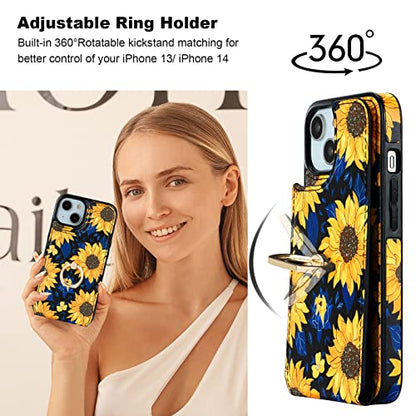 HAOPINSH for iPhone 13/ iPhone 14 Wallet Case with Card Holder, 360°Rotation Ring Kickstand, Blooming Sunflowers Pattern, RFID Blocking Leather for Girls Women,Double Buttons Protective Cover 6.1" - color: Blooming Sunflowers