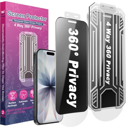 [2 Pack 4 Way Privacy Screen Protector for iPhone 17 / iPhone 16 Pro, Anti-Spy Tempered Glass, 9H Hardness Shatterproof, 3D Curved Edges, Case-Friendly, Bubble-Free Easy Installation - size: for 16 Pro / 17
