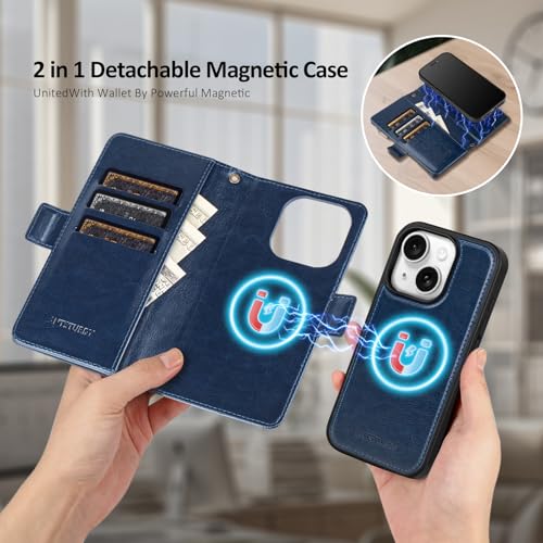 Antsturdy Compatible with MagSafe iPhone 14 Wallet Case,Dark Blue | Detachable Magnetic Credit Card Holder,RFID Blocking,PU Leather Zipper Purse,Wrist Strap Kickstand,Flip Phone Cover for Women - color: (Detachable with Magsafe)-Dark Blue