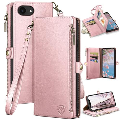 XcaseBar Compatible with ‌iPhone 16e 6.1"/17e 6.1" Wallet case with Zipper Credit Card Holder【RFID Blocking】,Flip Folio Book Leather Phone case Shockproof Cover Women Men for Apple 16e case Rose Gold - color: Rose Gold